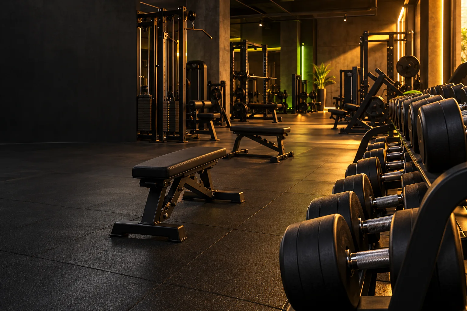 Ambiente ilustrativo de musculação com halteres, bancos e aparelhos